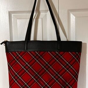 Classic vintage Talbots Red Plaid Tote with Black Trim